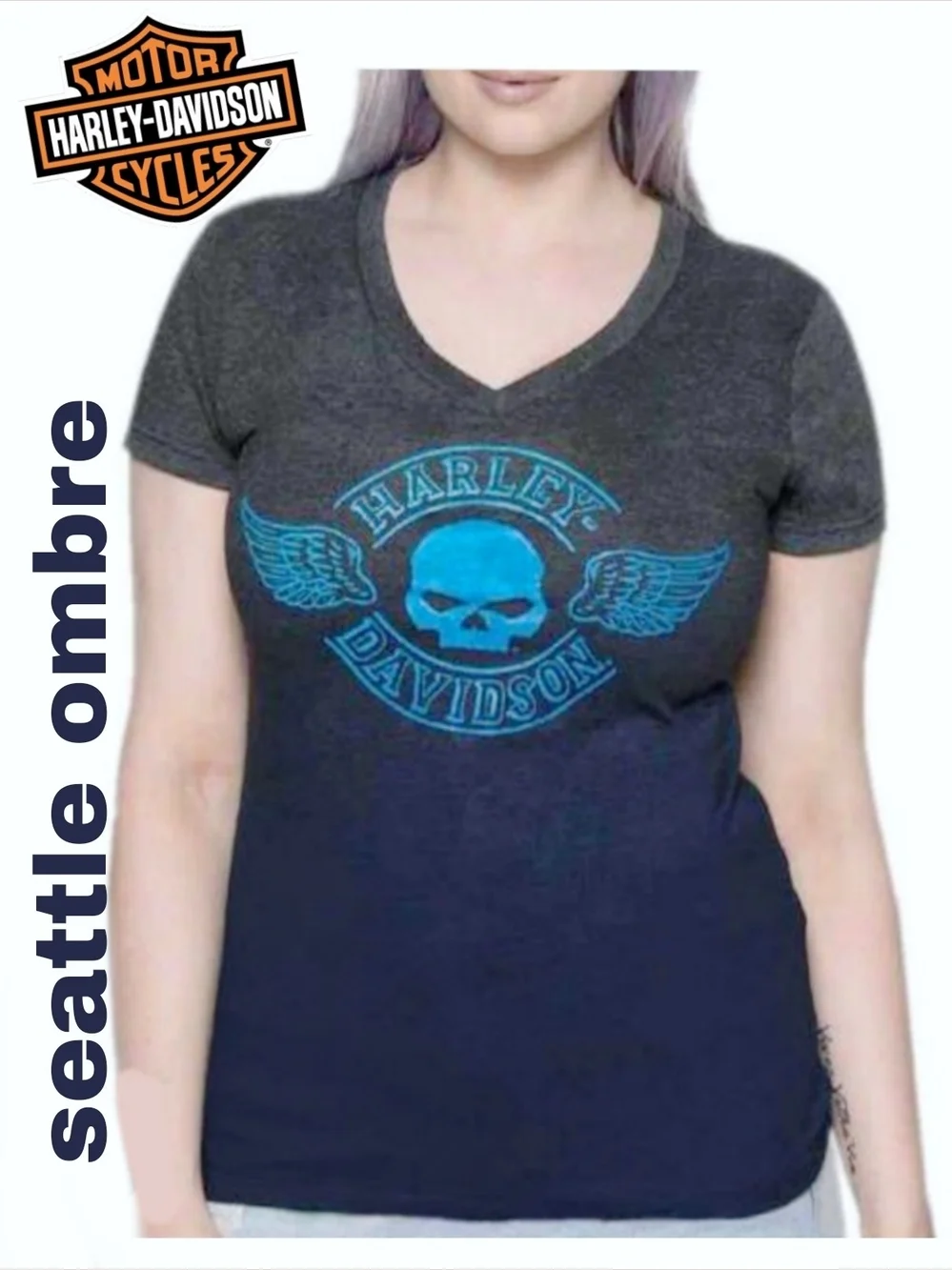 Harley-Davidson Seattle Women's Charcoal to Navy Ombre Tee with Turquoise Skull